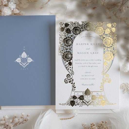 ハ絵を描ンドブルーフローラバロ縁どク 箔招待状