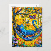 ハ絵を描ンモックの猫と蝶 ポストカード (正面/裏面)