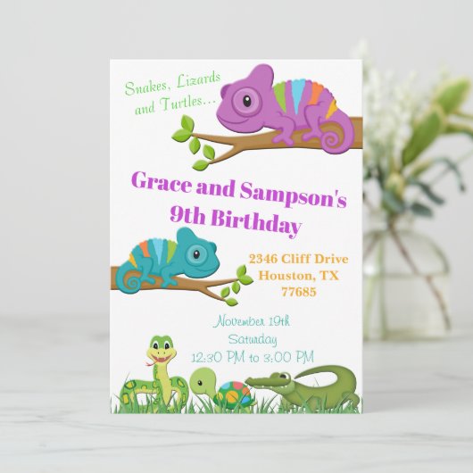 ハ虫類のジャングルのヘビのカメの誕生日の招待状 招待状 (スタンド正面)