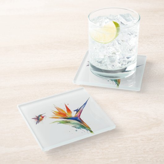 ハummingbird & Bird of Paradise アート ガラスコースター (アングル)