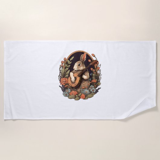 バおもしろいニーの遊バンジョギターミュージックラビットハップ ビーチタオル (正面)