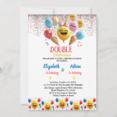 バおもしろいロカラフルーンキッズダブルジョイント誕生日 招待状 (正面)