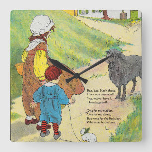 バア、バア、ブラックシープ、マザーグース子供部屋韻 スクエア壁時計