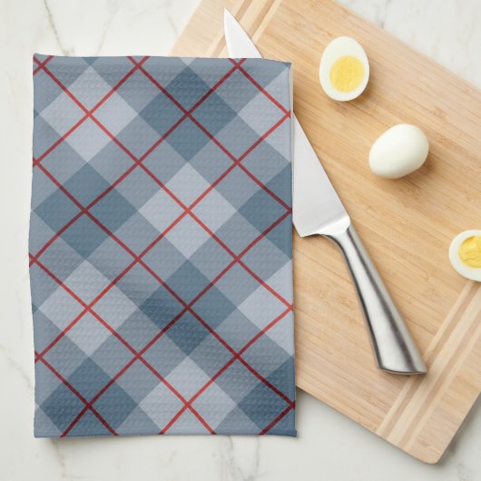 バイアス格子縞の青赤いストライプ キッチンタオル (四つ折り)