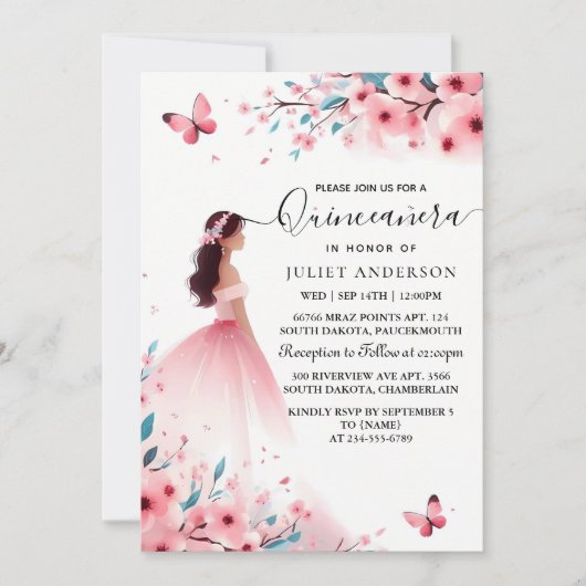 バイウッドツリーピンクガーリーさくらんぼブロッサムキンセアニェラ 招待状 (正面)