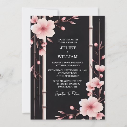 バイウッドバンブーピンク桜さくらんぼブロッサム結婚 招待状 (正面)