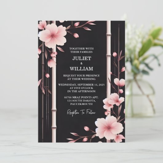 バイウッドバンブーピンク桜さくらんぼブロッサム結婚 招待状 (スタンド正面)