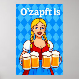 バイエルン地方のウェイトレスとビールジョッキの漫画 ポスター
