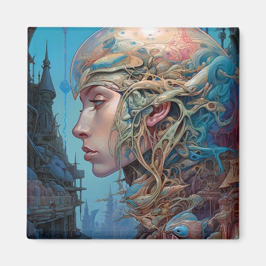 バイオメカニカル頭部Surreal Sci-Fiアート マグネット (正面)