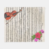 バイオリンとバラヴィンテージシート音楽デザイン フリースブランケット (正面(横))