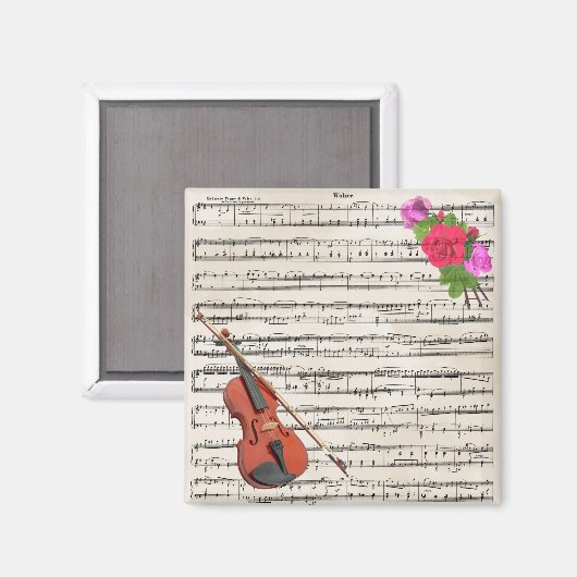 バイオリンとバラヴィンテージシート音楽デザイン マグネット (正面/裏面)