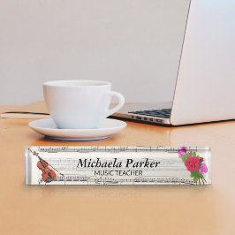 バイオリンとバラヴィンテージシート音楽名プレート デスクネームプレート