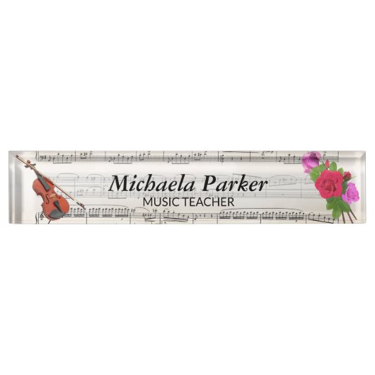 バイオリンとバラヴィンテージシート音楽名プレート デスクネームプレート (正面)