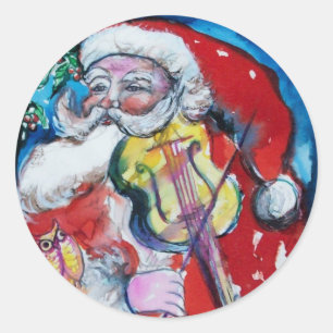 バイオリンのクリスマス・パーティを演じているサンタクロース ラウンドシール