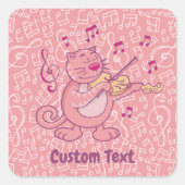 バイオリンのスクエアステッカー付きピンク猫 スクエアシール (正面)