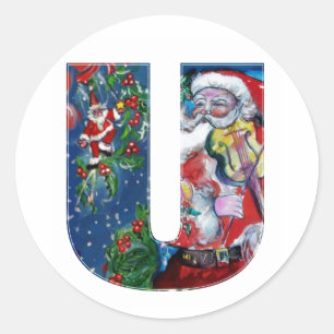 バイオリンのモノグラムが付いているクリスマスUの手紙/サンタ ラウンドシール