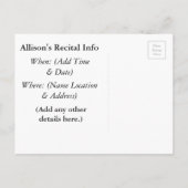 バイオリンのリサイタルまたはコンサート音楽招待状 インビテーションポストカード (裏面)