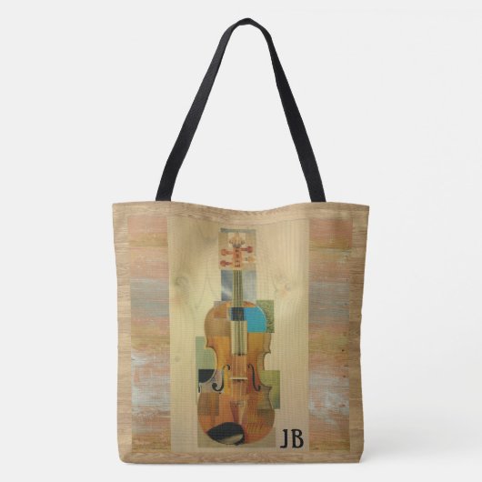 バイオリンの構成のイニシャルとの木製の穀物の効果 トートバッグ (裏面)