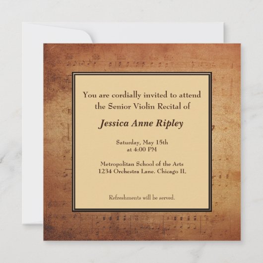 バイオリンの演奏会の旧式な楽譜 招待状 (裏面)