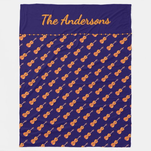 バイオリンの音楽をテーマにしたネイビー・パーソナライズド フリースブランケット (正面)