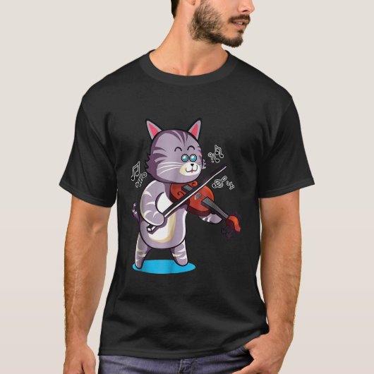 バイオリンを弾くかっこいい灰色の猫は音楽が好きな子猫 Tシャツ (正面)