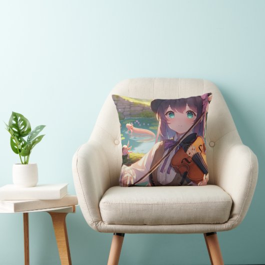 バイオリンを弾くアニメの少女とアクソロトル クッション (椅子)