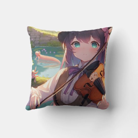 バイオリンを弾くアニメの少女とアクソロトル クッション (裏面)