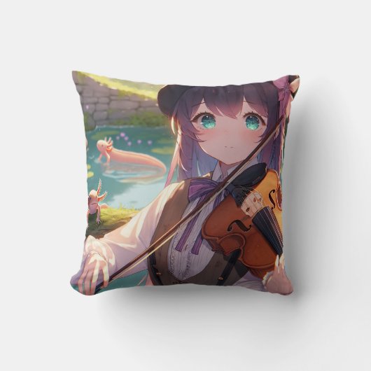 バイオリンを弾くアニメの少女とアクソロトル クッション (正面)