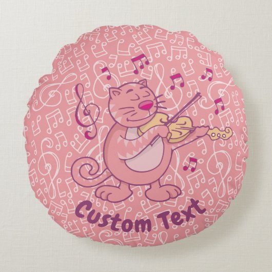 バイオリン丸枕付きピンク猫 ラウンドクッション (正面)
