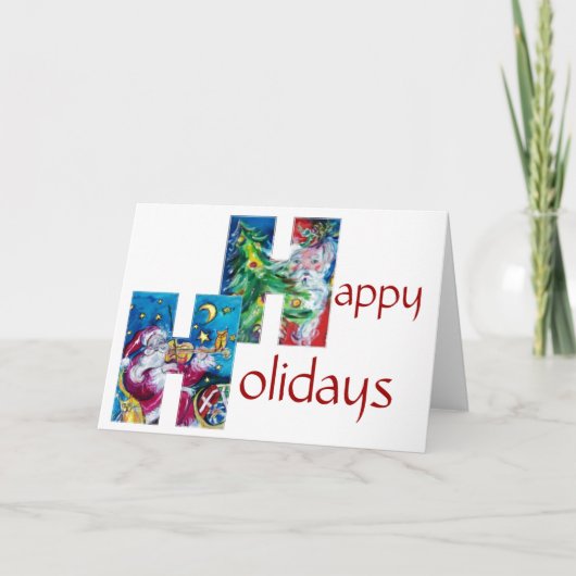 バイオリン付きサンタ及びクリスマスツリーモノグラム シーズンカード (正面)