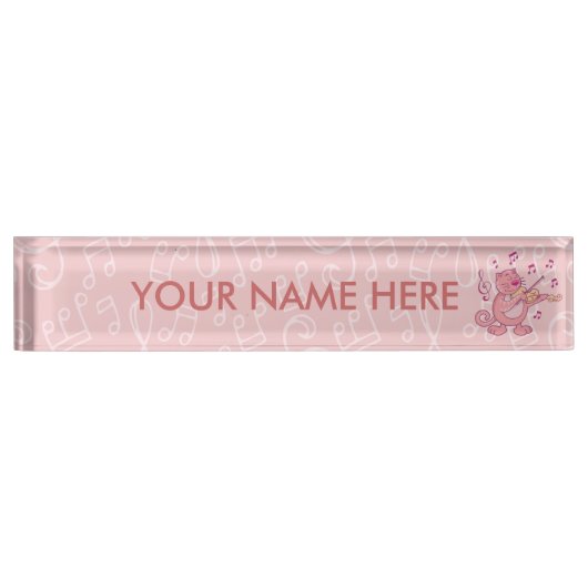 バイオリン付きピンク猫 デスクネームプレート (正面)