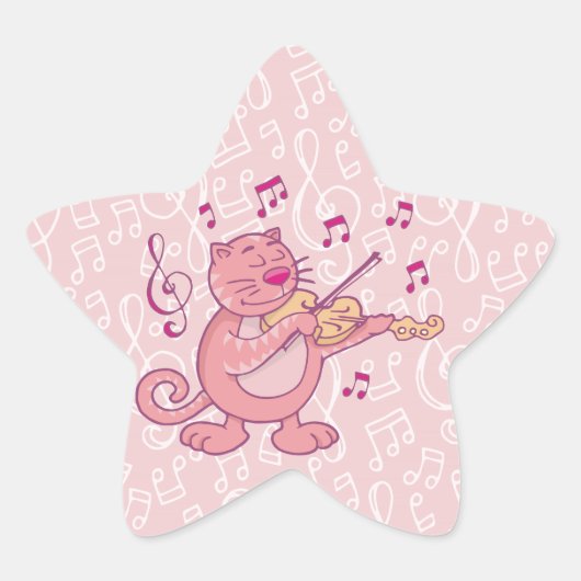バイオリン付きピンク猫 星シール (正面)