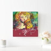 バイオリン奏者、バイオリン、猫のモノグラム スクエア壁時計 (ホーム)