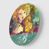 バイオリン奏者、バイオリン、猫のモノグラム ラージ壁時計 (傾斜)