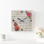 バイオリン・バラヴィンテージシート音楽デザイン スクエア壁時計 (ホーム)