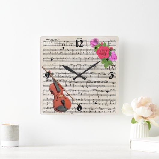バイオリン・バラヴィンテージシート音楽デザイン スクエア壁時計 (ホーム)