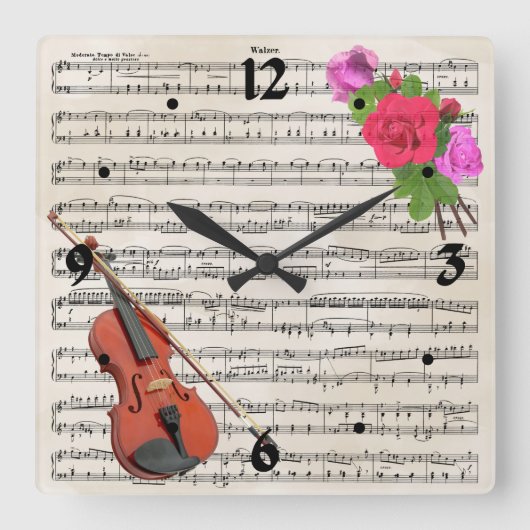 バイオリン・バラヴィンテージシート音楽デザイン スクエア壁時計 (正面)