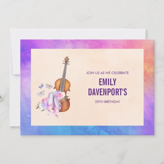 バイオリン、バレエシューズと蝶の誕生日 招待状 (正面)