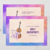 バイオリン、バレエシューズと蝶の誕生日 招待状 (正面/裏面)