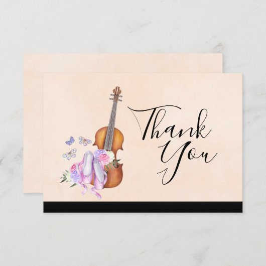 バイオリン、バレエシューズ、花と蝶 招待状 (正面/裏面)