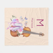 バイオリン、バレエ靴と蝶モノグラム フリースブランケット (正面(横))