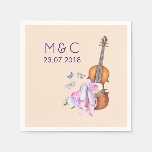 バイオリン、バレエ靴と蝶結婚の スタンダードカクテルナプキン (正面)
