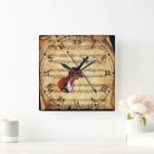 バイオリン~ヴィンテージ·シート音楽の背景~ユニーク~ スクエア壁時計 (ホーム)