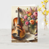 バイオリン、楽譜、花瓶誕生日 カード (黄色い花)