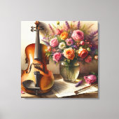 バイオリン、楽譜、花瓶 キャンバスプリント (正面)