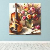 バイオリン、楽譜、花瓶 キャンバスプリント (インサイチュ (ウッドフロア))
