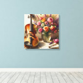 バイオリン、楽譜、花瓶 キャンバスプリント (インサイチュ (ウッドフロア))