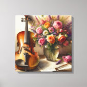 バイオリン、楽譜、花瓶 キャンバスプリント (正面)
