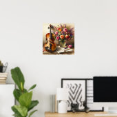 バイオリン、楽譜、花瓶 ポスター (ホームオフィス)