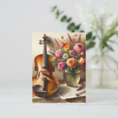 バイオリン、楽譜、花瓶 ポストカード (スタンド正面)